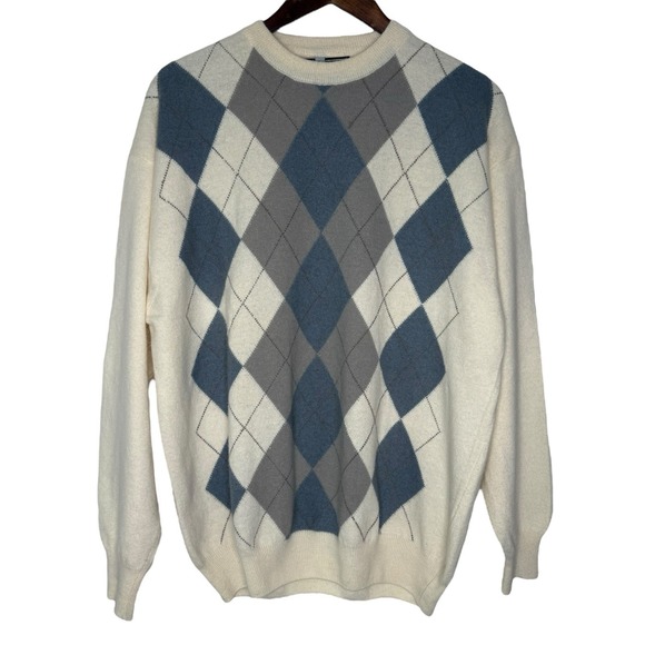 Vintage Merino Wool Angora Golf Sweater L Argyle V-Neck Blue Preppy Argentina‎ - Picture 1 of 5